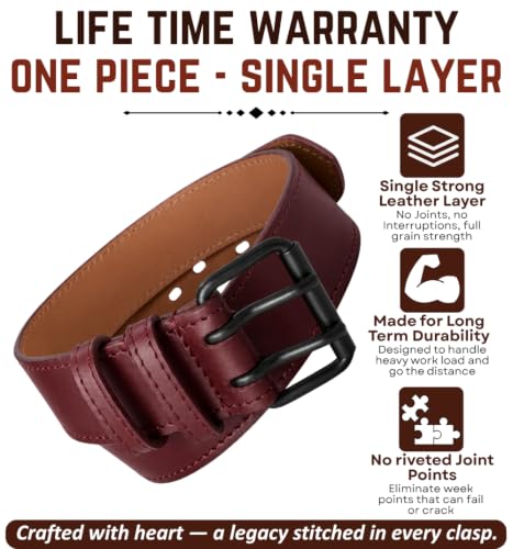 Full Grain Leather Tool Belt — 2" Heavy Duty Work Belt Burnished Edges — Amish-Crafted Utility Belt for Carpenters, Electricians, Construction & Contractors, Adjustable (Burgundy, 40"-48") Burgundy 40"-48" Inch