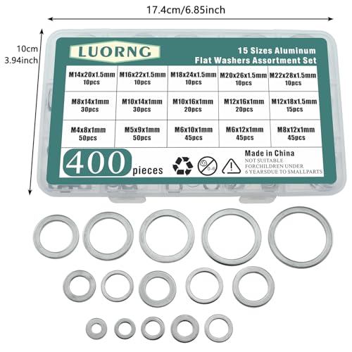 400PCS Aluminum Flat Washers Assortment Set 15 Different Sizes M4 to M22 Suitable for Domestic and Commercial Appliances Electrical Applications and Electrical Connections for Marine Use