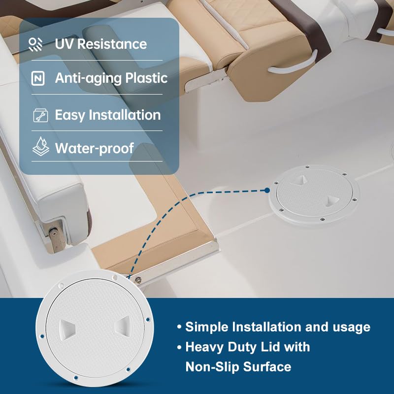 Boat-Ready White Round Non-Slip Inspection Hatches - Sizes 4", 6", 8" with Detachable Cover - ABS Plastic Screw Out Access Hatch Cover for Kayak, Yacht, Marine Accessories White 6 inch