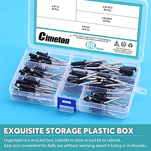 80Pcs 3/16" Long Grip Tri-Grip Rivets Tri-Fold Tri Bulb Long Pop Mounting Rivet Kit for Kayak and Boat Accessories 80 Black