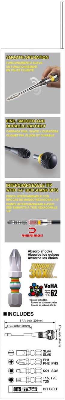 VESSEL - BALL GRIP Ratchet Interchangeable Screwdriver with 10 PC. Bit Set 2200MBH120K01
