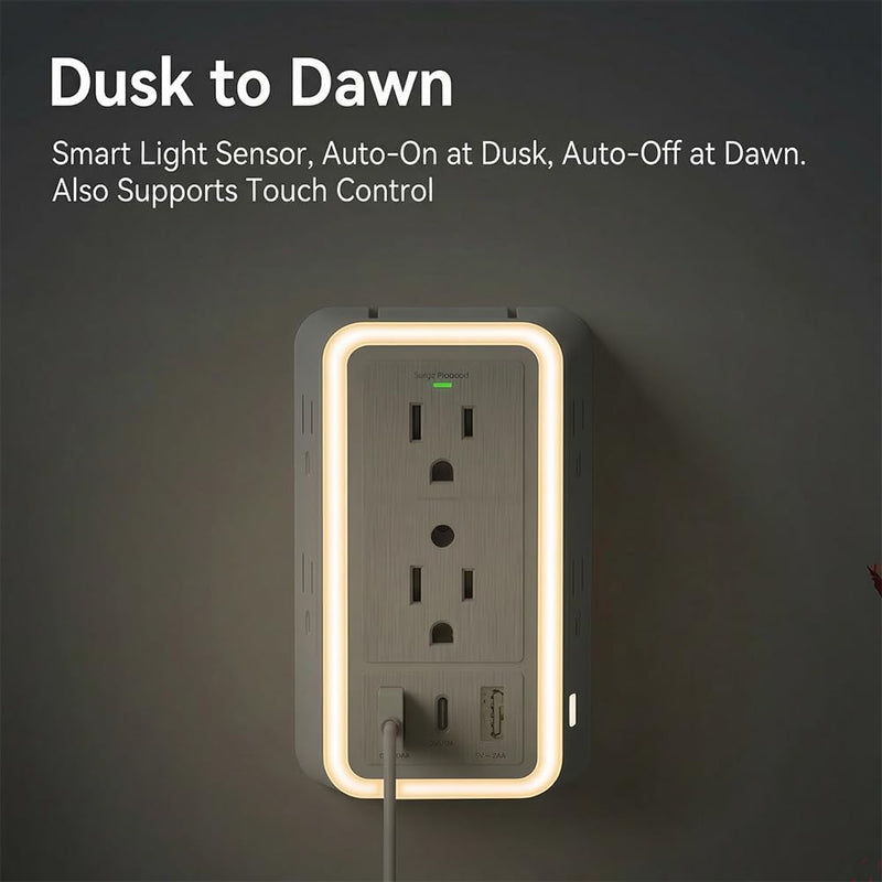 6-Outlet Surge Protector with 3 USB Ports & Night Light, 1500J Wall Outlet for Home Office