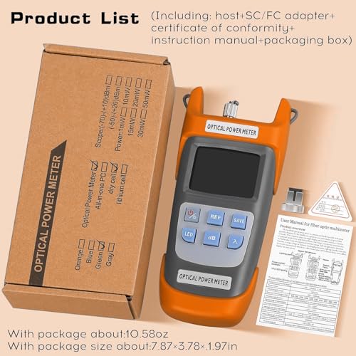 Fiber Optical Power Meter with SC FC Connector, -70~10dBm, 10 Optic Wave Length, Optic Test Equipment for CCTV Communication Engineering (Orange) Orange 1