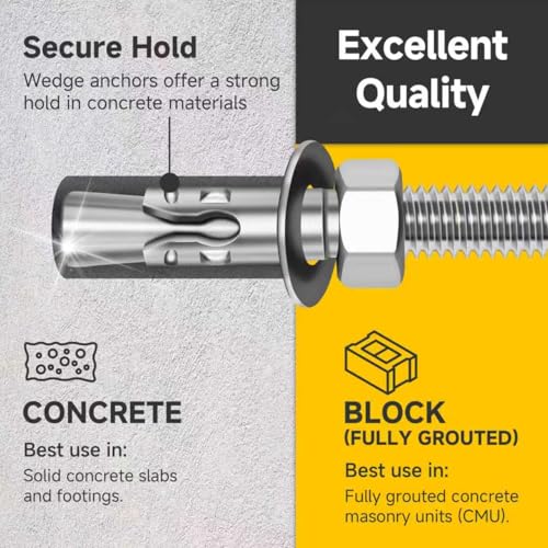 Mywish 3/8 x 3 Inch Wedge Anchors, 10Pcs 304 Stainless Steel Industrial 3/8 Heavy Duty Industrial Masonry Wdege Anchor Bolts for Brick Cement and Concrete, Bright Finish 3/8 x 3"