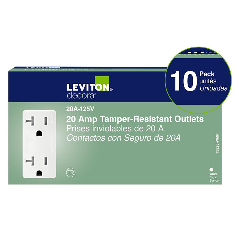 Leviton M02-T5825-Wmp 20a 125v White Decora Tamper Resistant Outlets 10 Count
