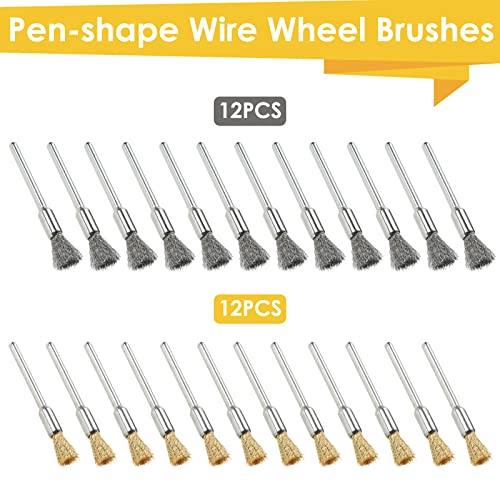72 PCS Wire Wheel Brushes Kit Brass and Steel Wire Wheels Pen Brushes Set for Rotary Tools Polish Clean Tools