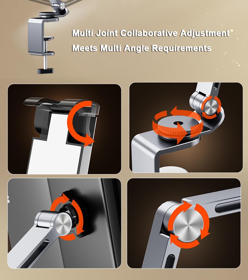 Rotatable Holder Stand Tablet Holder Multi-Angle Design Phone Clip Swivel Mount Desktop Aluminum Alloy Cantilever Bed Desk Home Live Folding Bracket Compatible with 4"-13" Phone Tablet (Silver) Silver