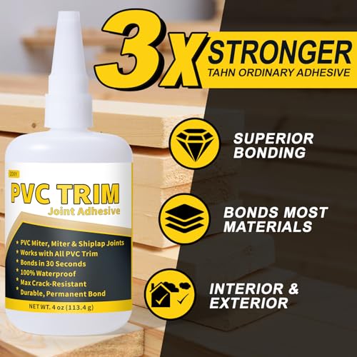 PVC Trim Glue, Bond Trim Joints in 30 Seconds, Allows Adjustment, PVC Trim Adhesive — Suitable for Lumber, Decking, Moulding, Column Covers, Permanently Strong, Waterproof, No Cracking, 4 oz