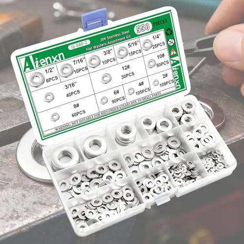 550PCS Flat Washers Assortment Kit, 12 SAE Sizes- 1/2, 7/16, 3/8, 5/16, 1/4, 3/16, 12#, 10#, 8#, 6#, 4#, 2#, (18-8) 304 Stainless Steel Washers for Screws, Metal Washers for Bolts SV 2# -1/2" (550PCS) Flat Washer