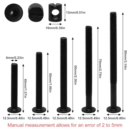 25Set Black Crib Screws Replacement Set Hex Drive Socket Cap Screws Barrel Dowel Nuts Set for Bunk Beds and Cribs M6×40mm/50mm/60mm/70mm/80mm Black 25Pcs