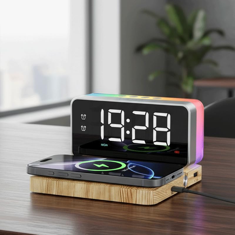 Bedroom Alarm Clock for Heavy Sleepers - 5 in 1 Magnetic 10W Wireless Charger with White Noise Bluetooth Speaker RGB Light Dual Alarm (Woodgrain)
