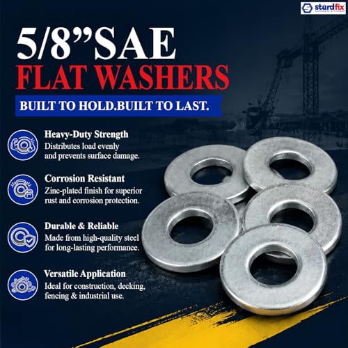 STURDFIX 5/8 Inch SAE Flat Washers, Zinc Plated Steel, Grade 2, Heavy Duty Metal Washers for Screws, Bolts, Nuts, Automotive, Decking, Fencing, Industrial, Construction Hardware – 25 Pack 5/8" SAE 0.656"