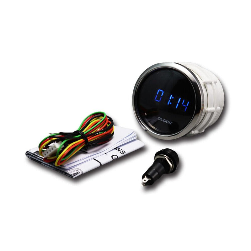 MOTOR METER RACING MGS Series 52mm 2-1/16" Digital Clock Gauge 0~24 Hour Format Black Dial Blue LED Display 12/24 Volt Waterproof 24 Hour Format