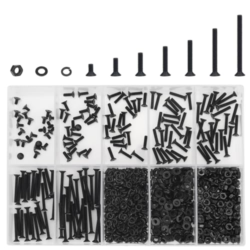DYWISHKEY 566 Pieces M2 Black Screws, 10.9 Grade Alloy Steel M2x 4/6 /8/10 /12/16 /20mm Countersunk Head Socket Cap Screws Bolts Nuts Washers Assortment Kit