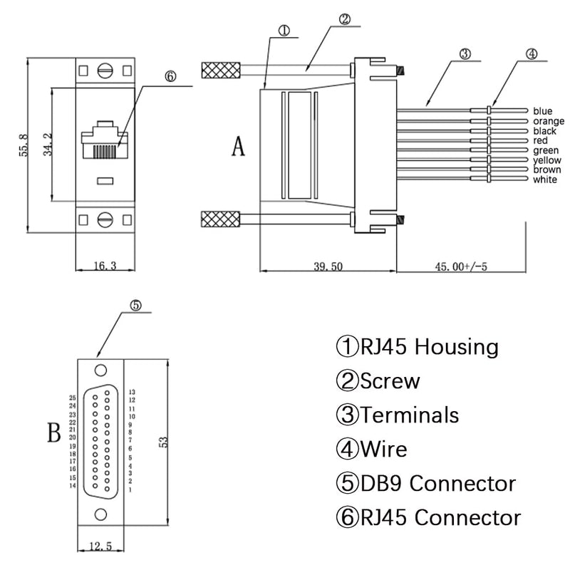 10PCS DB25 Male Ethernet Adapter, 25 Pin Serial Port Male to RJ45 Ethernet LAN Extend Modular Converter, M/F