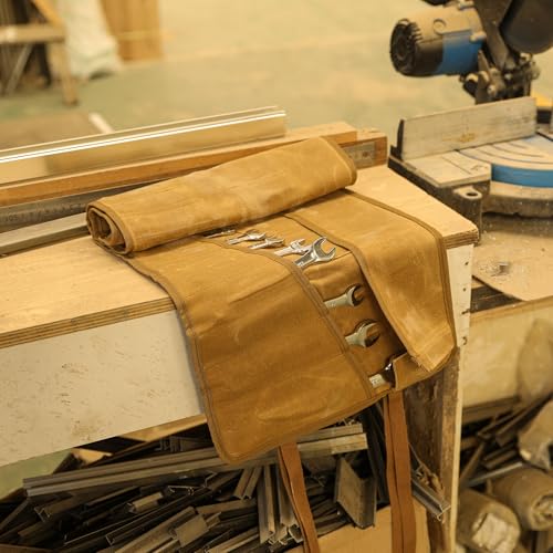 Wrench Roll, Heavy Duty 16OZ Waxed Canvas Tool Roll Tool Bag, Multi-Purpose Small Hand Tools & Wrenches Organizer Holder with 24 Pockets (Khaki) Khaki