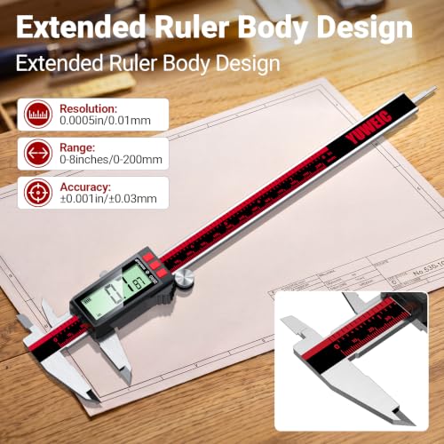 Digital Caliper 8 Inch, Rechargeable Calipers with LCD Screen, Inch/MM/Fraction, Stainless Steel Vernier Caliper Measuring Tool for DIY, Household, Jewelers Tools, 3D Printer