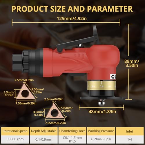 AMTOVL Pneumatic Chamfering Tool with 6 C-Angle & 6 R-Angle Blades Red