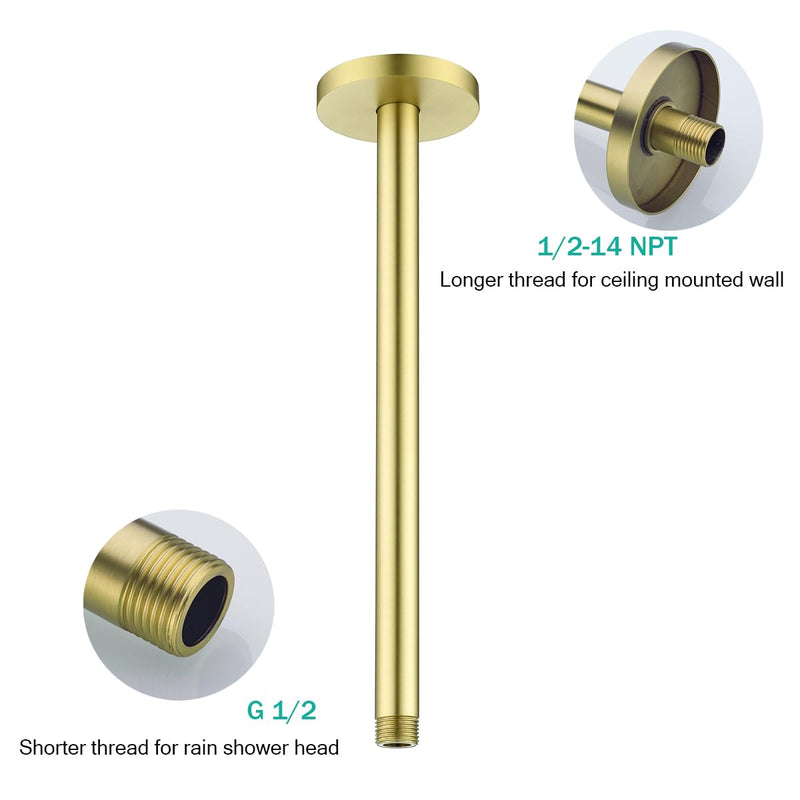 Brushed Gold Shower Arm with Flange 12 inch Stainless Steel Ceiling Mounted Shower Extension Arm Pipe for Rainfall Shower Head,SE-RD91038-12BG Round Flange-12″Brushed Gold
