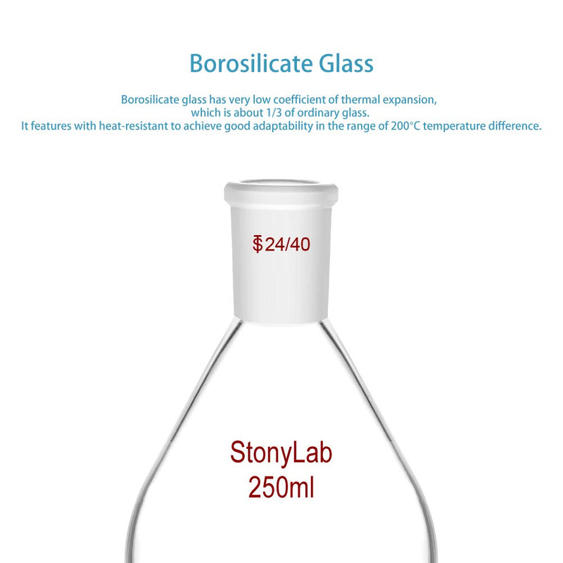 StonyLab Borosilicate Glass 250mL Heavy Wall Single Neck Recovery Flask Rotary Evaporator Flask, with 24/40 Outer Joint - 250mL 250 mL