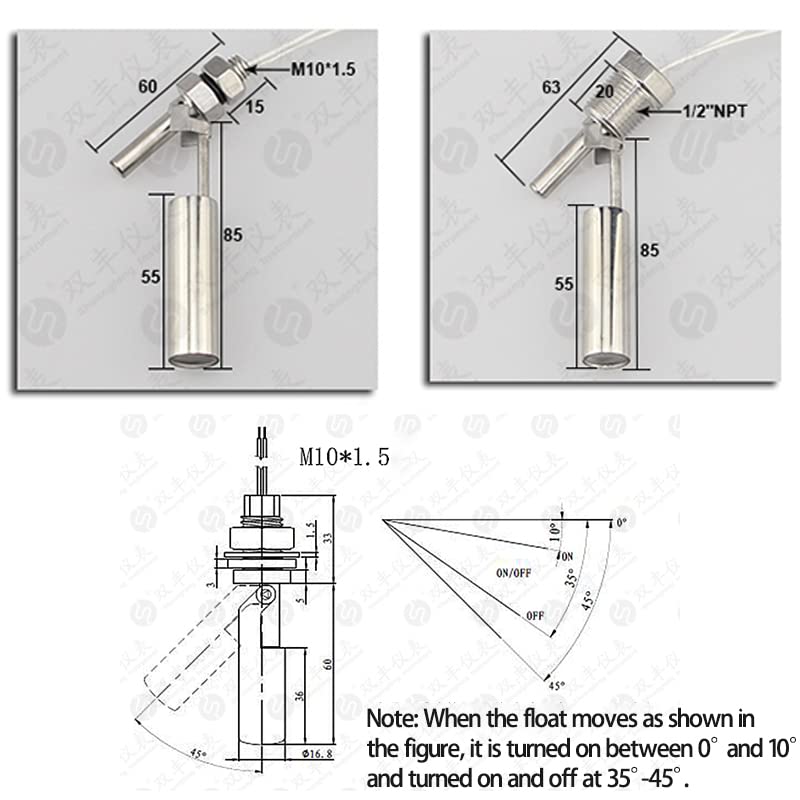 Water Level Sensor, 0-220V Stainless Steel Side Mount Float Switch Level Gauge for Fish Tank Pool, Water Tower (1/2NPT Male Thread) 1/2NPT (0-220V)