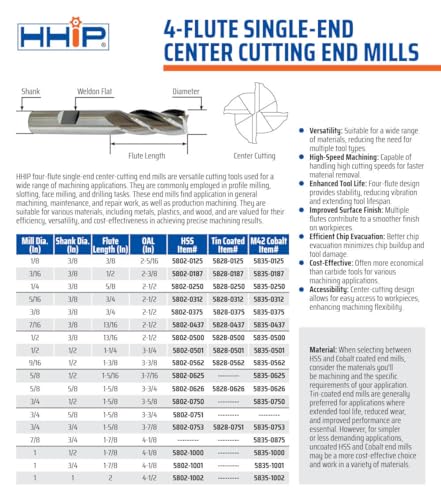 HHIP 5835-0626 5/8 X 5/8 4 Flute M42 Cobalt Single End Center Cut End Mill 5/8" Mill Diameter, 5/8" Shank M42 Coball