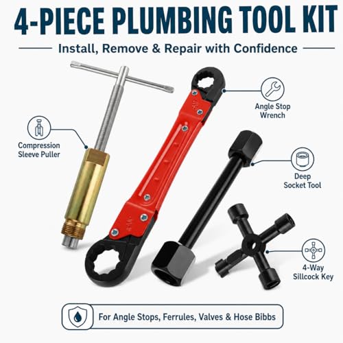 Plumbing Tools, Angle Stop Removal Tool with compression sleeve puller tool 1/2, Quick Repair Plumbing Wrench Kit for Installing/Removing Compression Rings, Nuts and Angle Stops