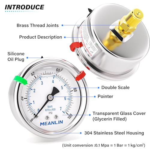 MEANLIN MEASURE 0~100Psi Stainless Steel Liquid Filled Pressure Gauge, 1/4" NPT 2.5" Luminous Dial, Glycerin Filled for WOG Water Oil Air Center Back Mount with 2PCS Snaps 0-100Psi