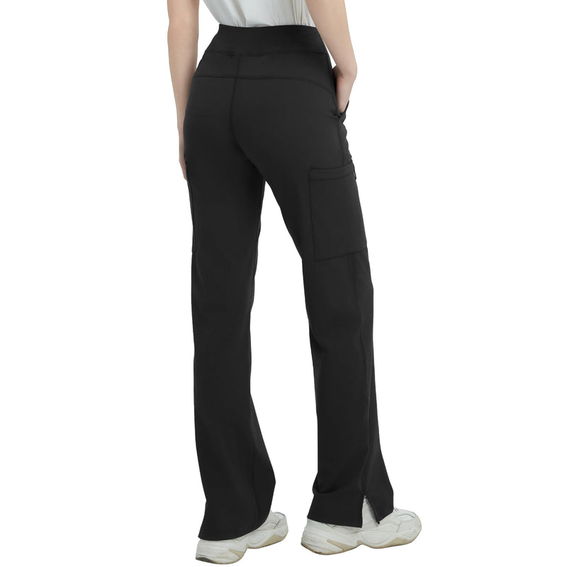 QBK High Rise Yoga Scrub Pants Women - Straight Wide Leg Uniform Pants with Cargo Pocket, Anti-Wrinkle & Knit Yoga Waistband Regular Small Black