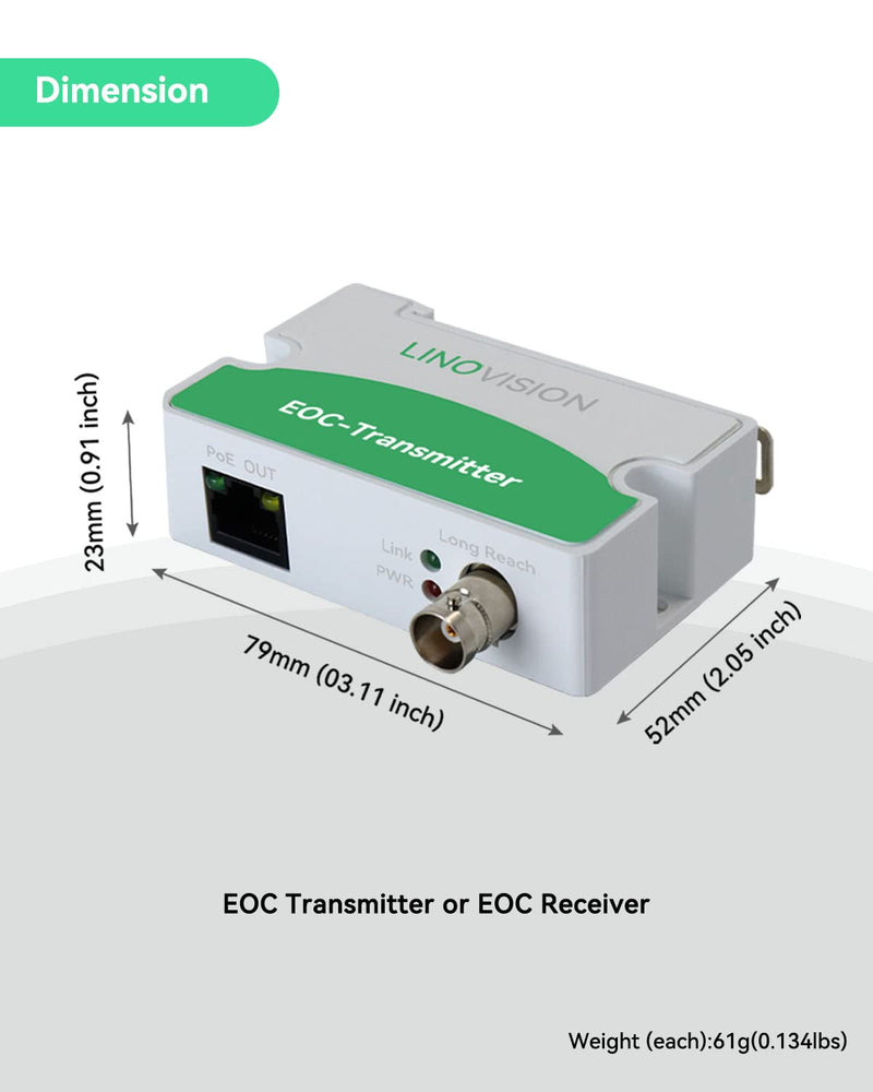 LINOVISION POE Over Coax EOC Converter IP Over Coax Max 3000ft Power and Data Transmission Over Regular RG59 Coaxial Cable for Upgrading Analog Surveillance System to IP Surveillance System 1 pack