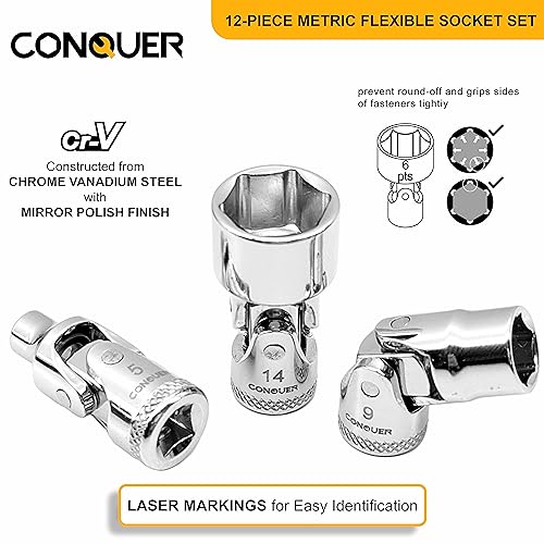 CONQUER 12 Pc 1/4-Inch Drive Metric Flex Socket Set