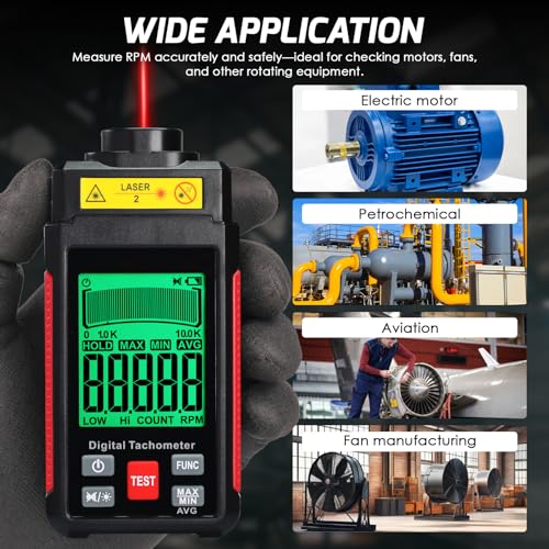 Digital Tachometer RPM Meter with LCD Display, Non-Contact and Contact Rotation Speed Tester, Handheld Motor Speed Gauge for Automotive, HVAC, Industrial Equipment