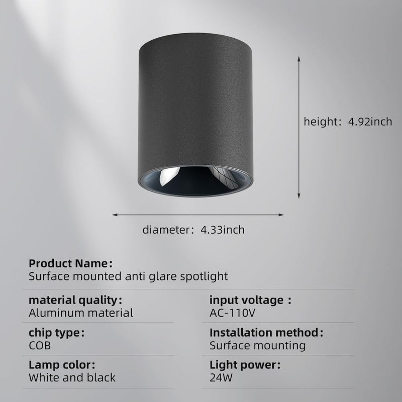 JAYMP Modern LED Ceiling Spotlight 4000K Dimmable 24W Black Surface Mount Cylinder Down Light for Living Room Hallway Lanudry Room 24W, 4000K Natural Light