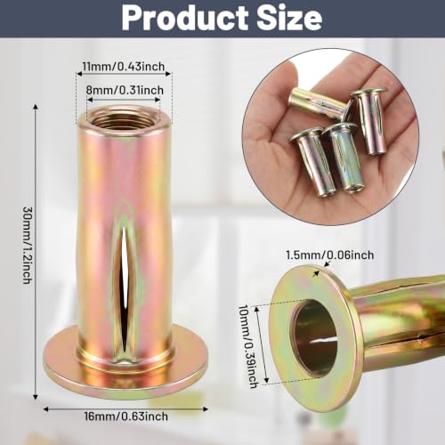 50 Pcs Multi Grip Rivet Nut Tool Kit 5/16 Rivet Nut Stainless Steel Pre Bulbed Shank Zinc Plated Flat Head Threaded Insert Nuts for Automotive Furniture