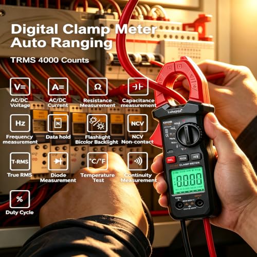 Clamp Mete, 6000 Counts, Auto Ranging, Measures High AC/DC Current 600A, 600V AC/DC Voltage, Multimeter, Voltage Meter, Amp Meter, Electrician Tools, with Alligator Clips, Backlit Display