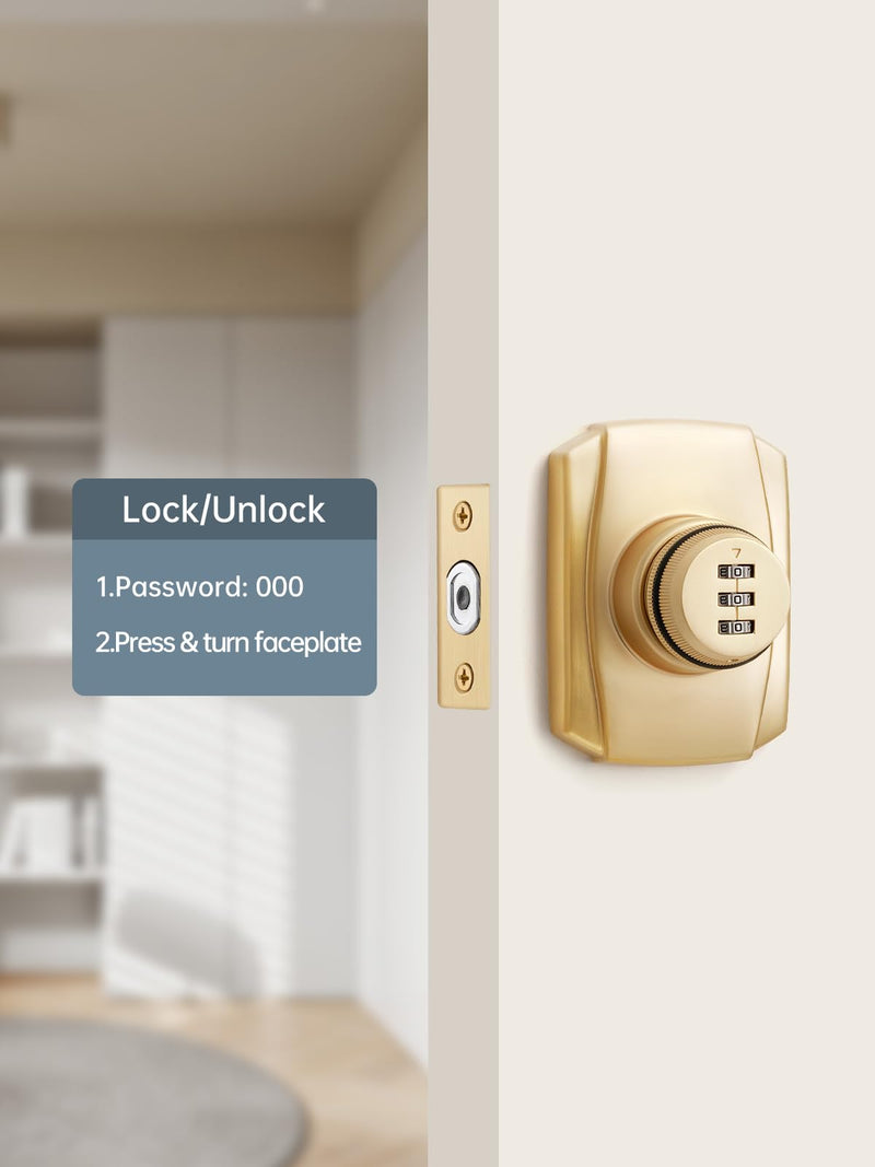 1 Pack Gold Password Single Brushed Satin Brass Cylinder Deadbolt Lock Keyless Passcode Handleset Front Entry Interior Exterior Door Deadbolts Deadbolt-Password