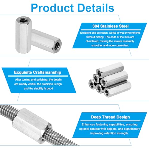 PATIKIL M8 x 1.25-Pitch 304 Stainless Steel Hex Coupling Nuts, 12Pcs 50mm/ 2" Length Coarse Fully Threaded Rod Coupling Nut Studding Connector Fasteners, Silver Tone M8-1.25 x 50mm