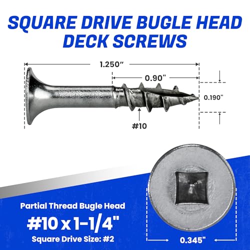 Fastenere Stainless Steel 18-8 Deck Screws - #10 x 1-1/4" (100 Pack) Wood Cutting Point, Square Drive, Partial Thread, Bright Finish for Wood, Exterior, Decking, Composite, Fencing, Type 17 Point 100 Pack #10 x 1-1/4"