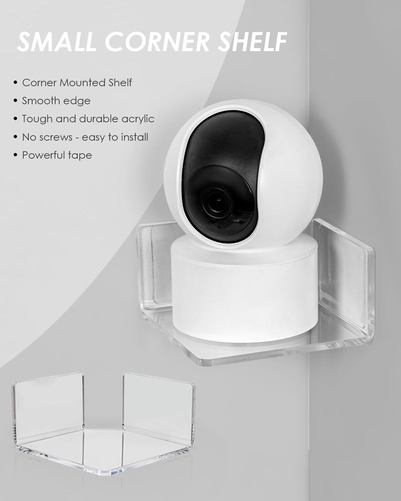 HAYVAN Mini Corner Shelf Wall Mounted 3 Pack Clear Acrylic No Drill | Corner Floating Shelves with Adhesive Tape. Easy Install. Universal for Security Cameras, Baby Monitors, Small Plants & More.