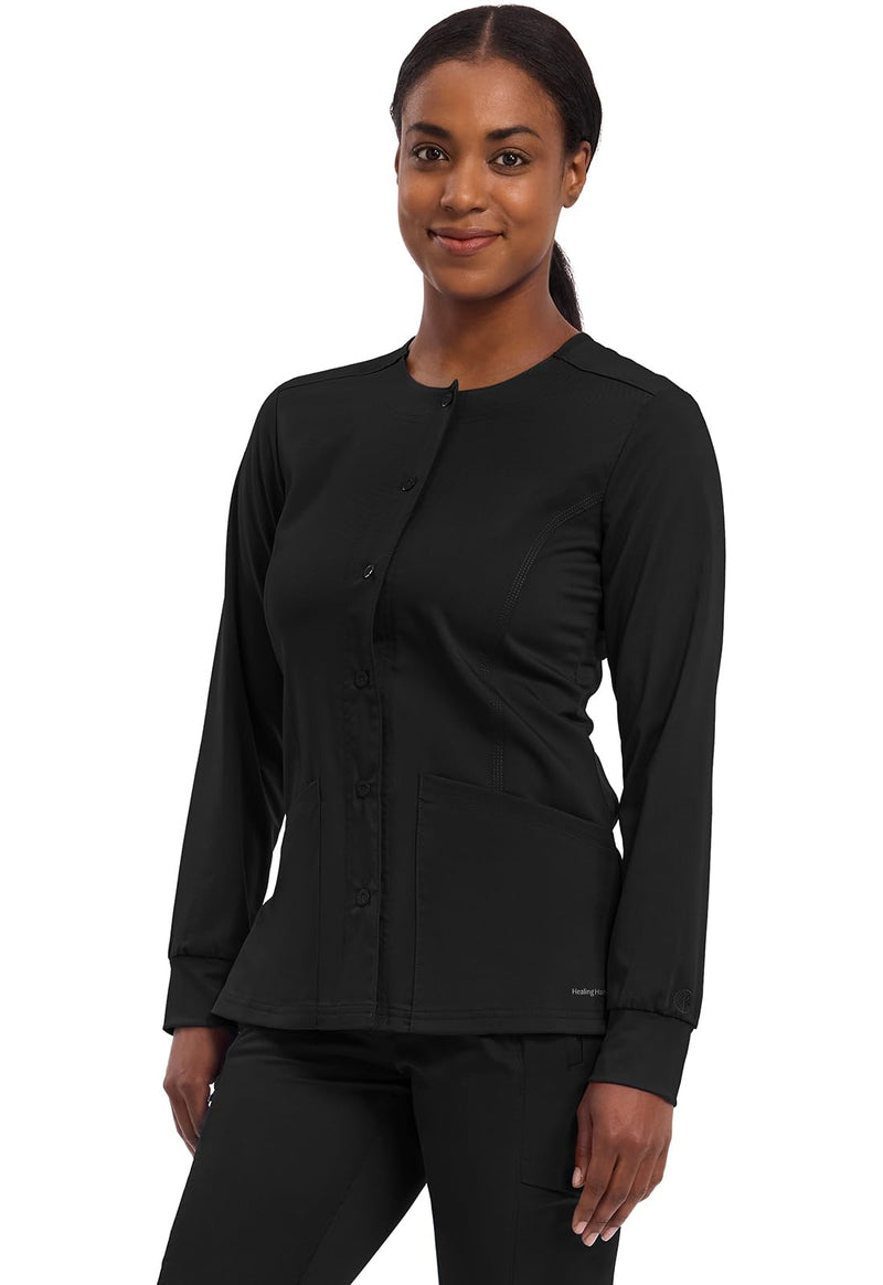 Healing Hands Women's Snap Front Scrub Jacket Daisy 2-Way Stretch Uniform 5063 Large Black