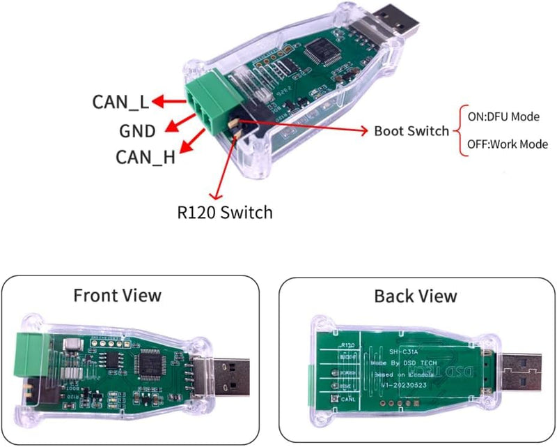 DSD TECH SH-C31A USB to CAN Adapter with FD Support Based on Canable 2.0 Non-Isolated