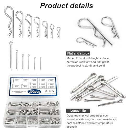 Cotter Pin Assortment Kit, Clevis Pin and R Clips Fasteners, 200Pcs 13 Sizes 304 Stainless Steel Cotter Pin for Hardware Automotive Machinery grey