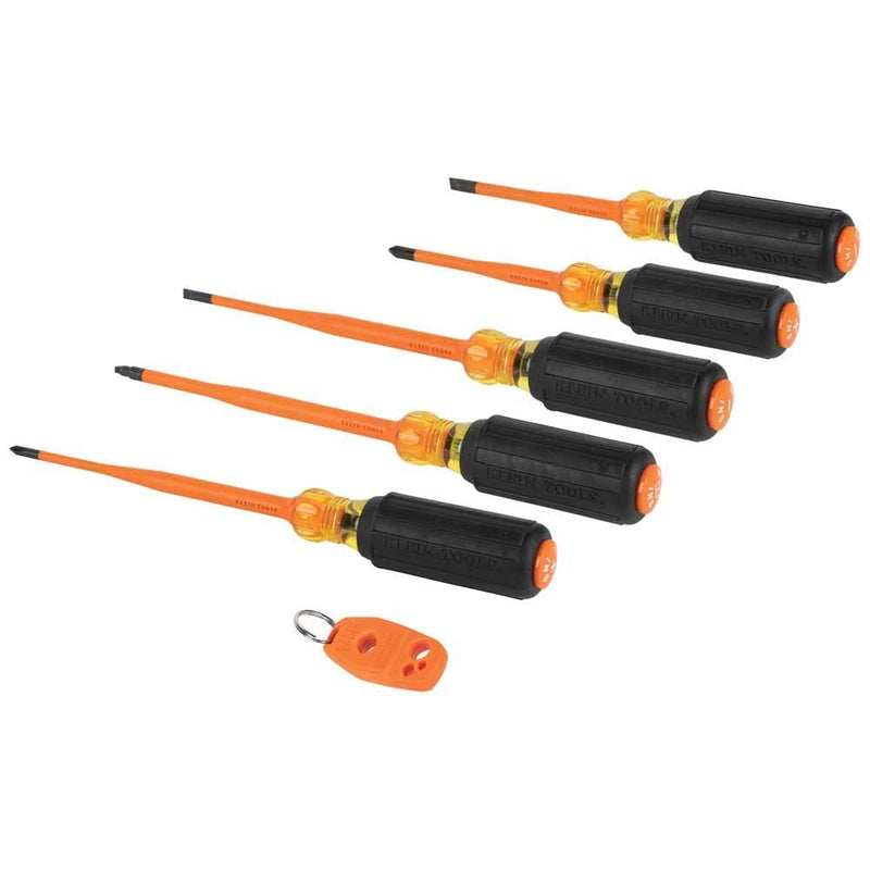 Klein Tools 33736INS Insulated Screwdriver Set, Made in USA, 1000V Slim-Tip Driver with Phillips, Cabinet and Square Bits and a Magnetizer, 6-Piece One Size 6-Piece Set