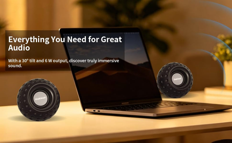 Uakinat 2.0 Computer Speaker, Black, USB Powered, 3.5mm Audio Input, Volume Control, Golf Style, Pair Pack, PC or Laptop