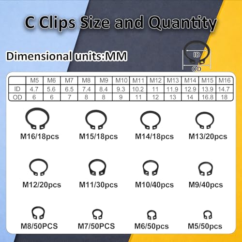 850Pcs C clip External Retaining Rings Snap Rings Assortment(M5-M16) and E clip Assortment Set(M2-M12),5Pcs Snap Ring Plier,Tweezer,24 Sizes Black Carbon Steel Circlip Retaining Clip Black Carbon Steel 850PCS