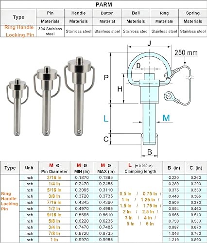 1 Pc Stainless Steel Ring Handle Locking Pin Ball Lock pins Quick Release pin with Button Locating pins Safety pins Dowels w/ Reinforced Lanyard (Dia.:3/8, 3in) Dia.:3/8