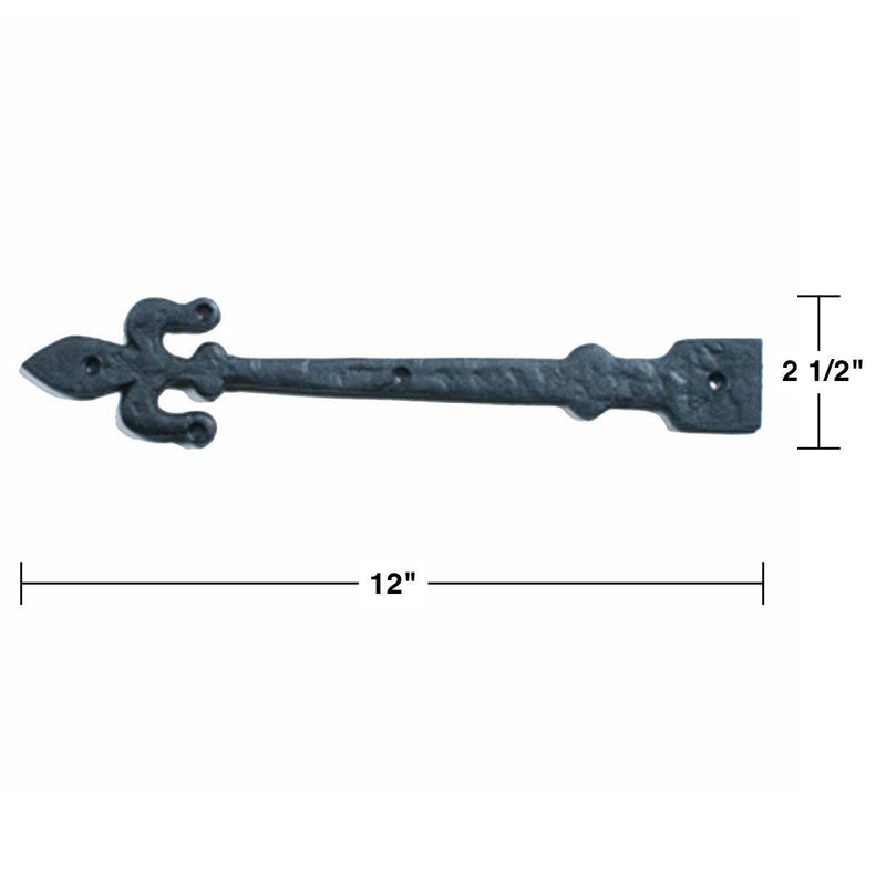 Renovators Supply Manufacturing Black Wrought Iron Garage Door Decorative Hardware Fleur De Lis Design 12 in. Rust Resistant Dummy Strap Hinge with Mounting Hardware Pack of 2