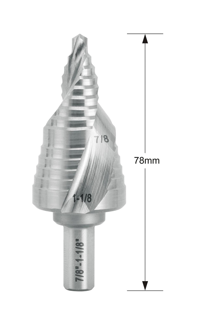 Industrial HSS Step Drill Bit 7/8'' to 1-1/8'' with 3/8'' Shank, Unibit Double Spiral Flute for Metal, Stainless Steel, Aluminum, Plastic 7/8'' to 1-1/8''