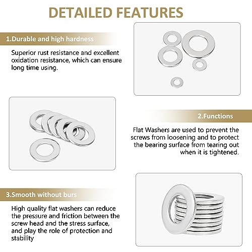 272 Pieces 304 Stainless Steel Flat Washers, Fender Washers, Kindroufly 8 Sizes Stainless Steel Washers, Lock Metal Washers Assortment Kit (#6#8#10#12 1/4" 5/16" 3/8" 1/2") #6 #8 #10 #12 1/4" 5/16" 3/8" 1/2"