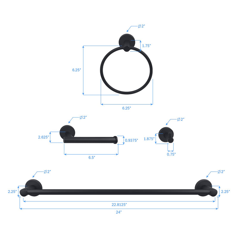 Nuk3y Luna Modern Round 4 Piece Bathroom Hardware Towel Bar Accessory Set (24"" Set, Matte Black) "24"" Set"